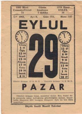 29 Eylül 1963 Takvim Yaprağı EFM(N)3645 - 1