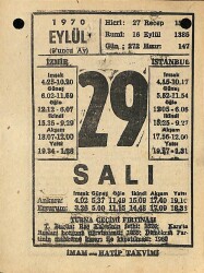 29 Eylül 1970 Takvim Yaprağı - Doğum Günü Hediyesi EFM(N)9905 - 2
