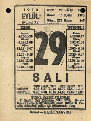 29 Eylül 1970 Takvim Yaprağı - Doğum Günü Hediyesi EFM(N)9905 - 2