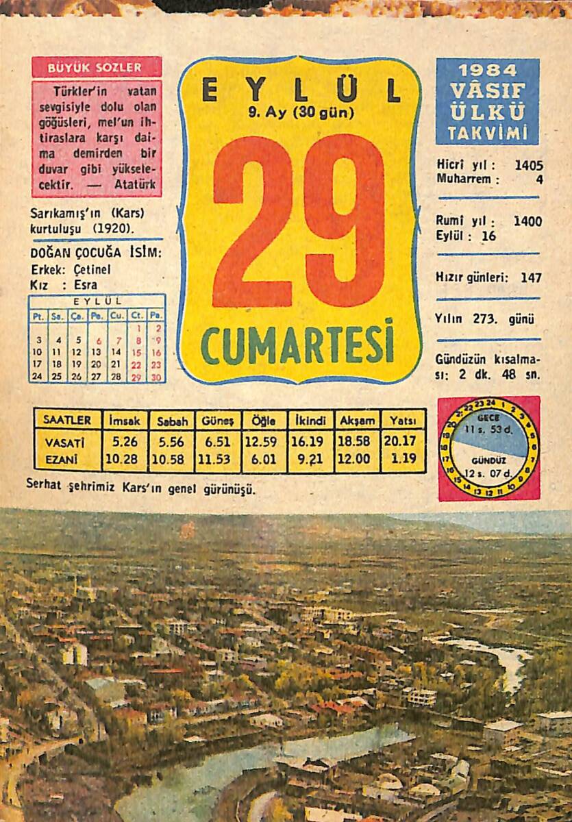 29 Eylül 1984 Takvim Yaprağı - Doğum Günü Hediyesi EFMN14837 - 1