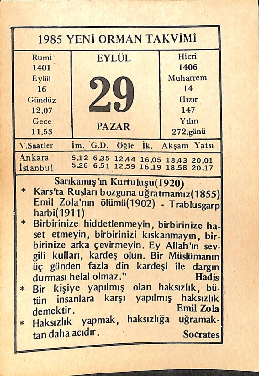 29 Eylül 1985 Takvim Yaprağı - Doğum Günü Hediyesi EFMN14970 - 1