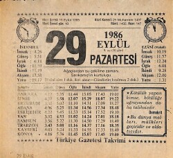 29 Eylül 1986 Takvim Yaprağı - Doğum Günü Hediyesi EFMN14932 - Gökçekoleksiyon
