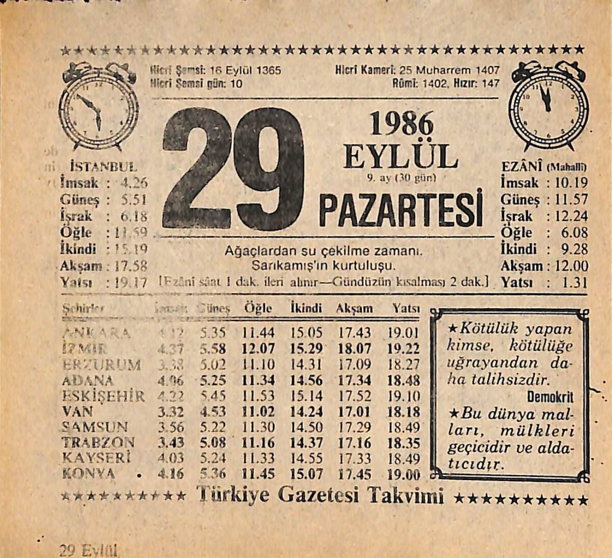 29 Eylül 1986 Takvim Yaprağı - Doğum Günü Hediyesi EFMN14932 - 1