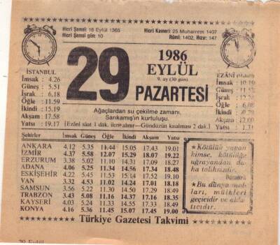 29 Eylül 1986 Takvim Yaprağı EFM(N)2850 - 4