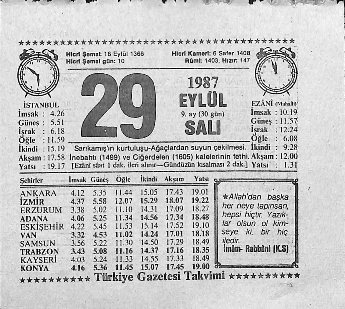 29 Eylül 1987 Takvim Yaprağı - Doğum Günü Hediyesi EFMN13964 - 1