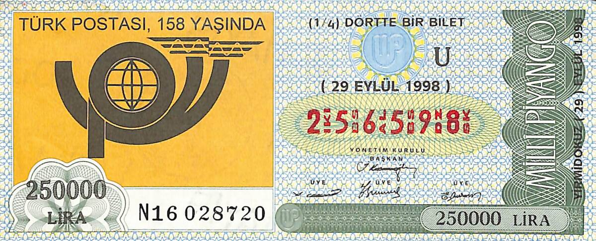 29 Eylül 1998 Piyango Bileti Dörtte Bir Bilet PYB6561 - 1