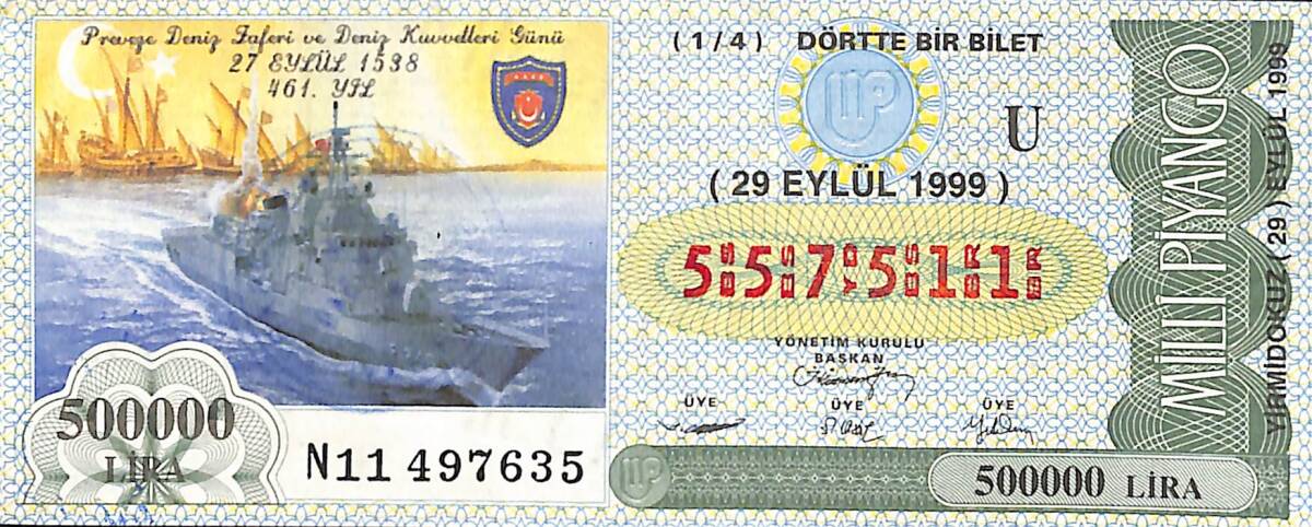 29 Eylül 1999 Piyango Bileti Dörtte Bir Bilet PYB6519 - 1