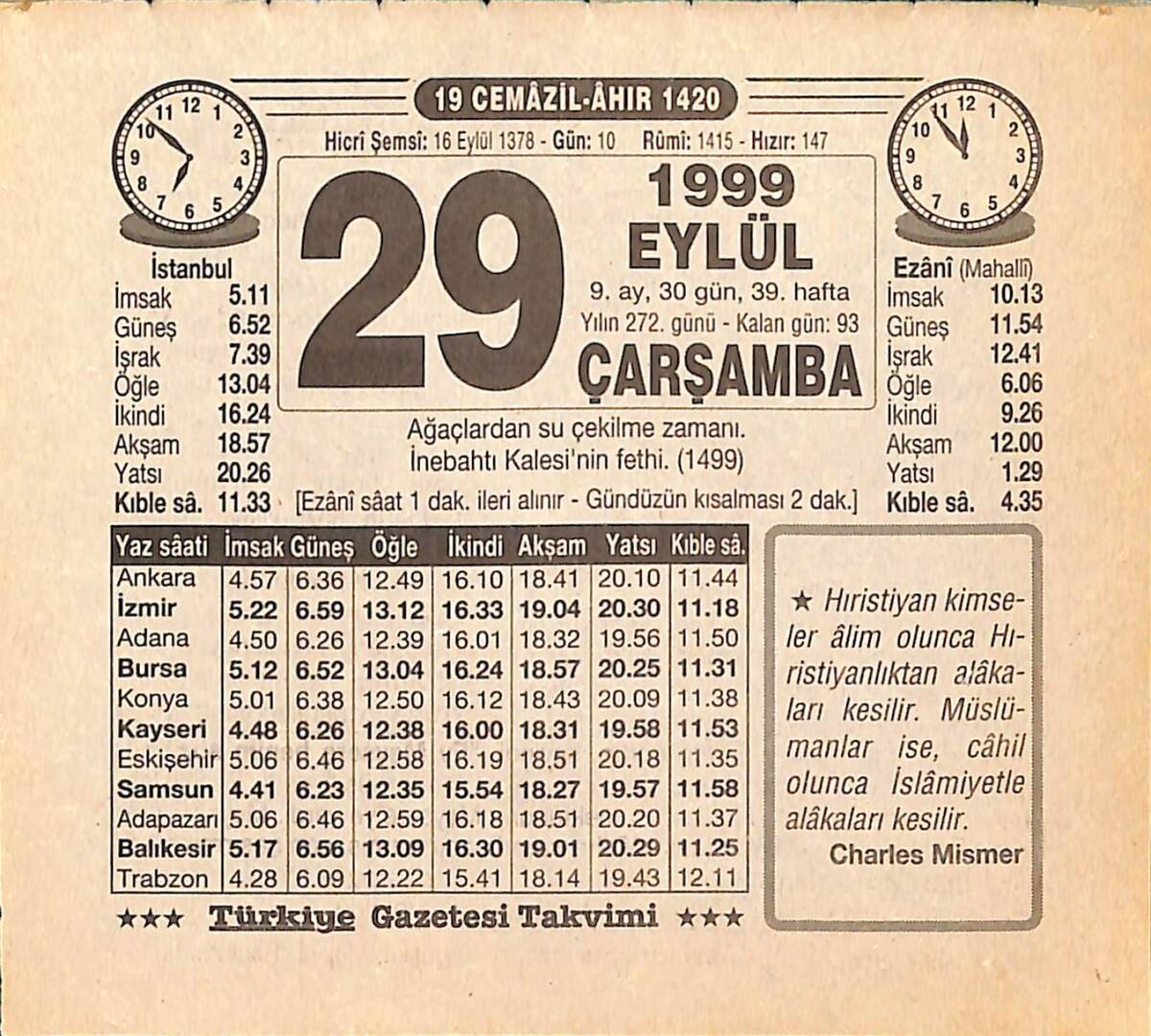 29 Eylül 1999 Takvim Yaprağı - Doğum Günü Hediyesi EFMN15478 - 1