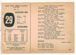 29 Haziran 1960 Ajans Türk Takvim Yaprağı (Şiirli Saatli) EFM(N)1646 - 3