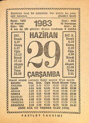 29 Haziran 1983 Takvim Yaprağı - Doğum Günü Hediyesi EFMN15372 - Gökçekoleksiyon