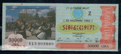 29 Haziran 1992 Yarım Bilet PYB1979 - Gökçekoleksiyon