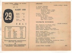 29 Kasım 1960 Ajans Türk Takvim Yaprağı (Şiirli Saatli) EFM(N) 1795 - 1