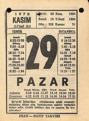 29 Kasım 1970 Takvim Yaprağı - Doğum Günü Hediyesi EFM(N)10761 - 2