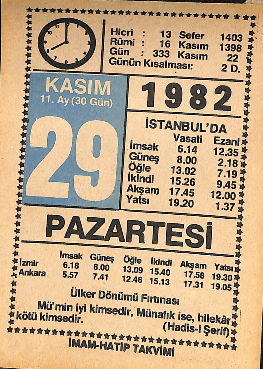 29 Kasım 1982 Takvim Yaprağı - Doğum Günü Hediyesi EFMN15962 - 1