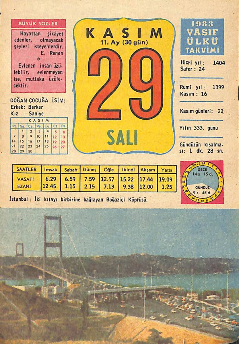 29 Kasım 1983 Takvim Yaprağı - Doğum Günü Hediyesi EFMN14695 - 1
