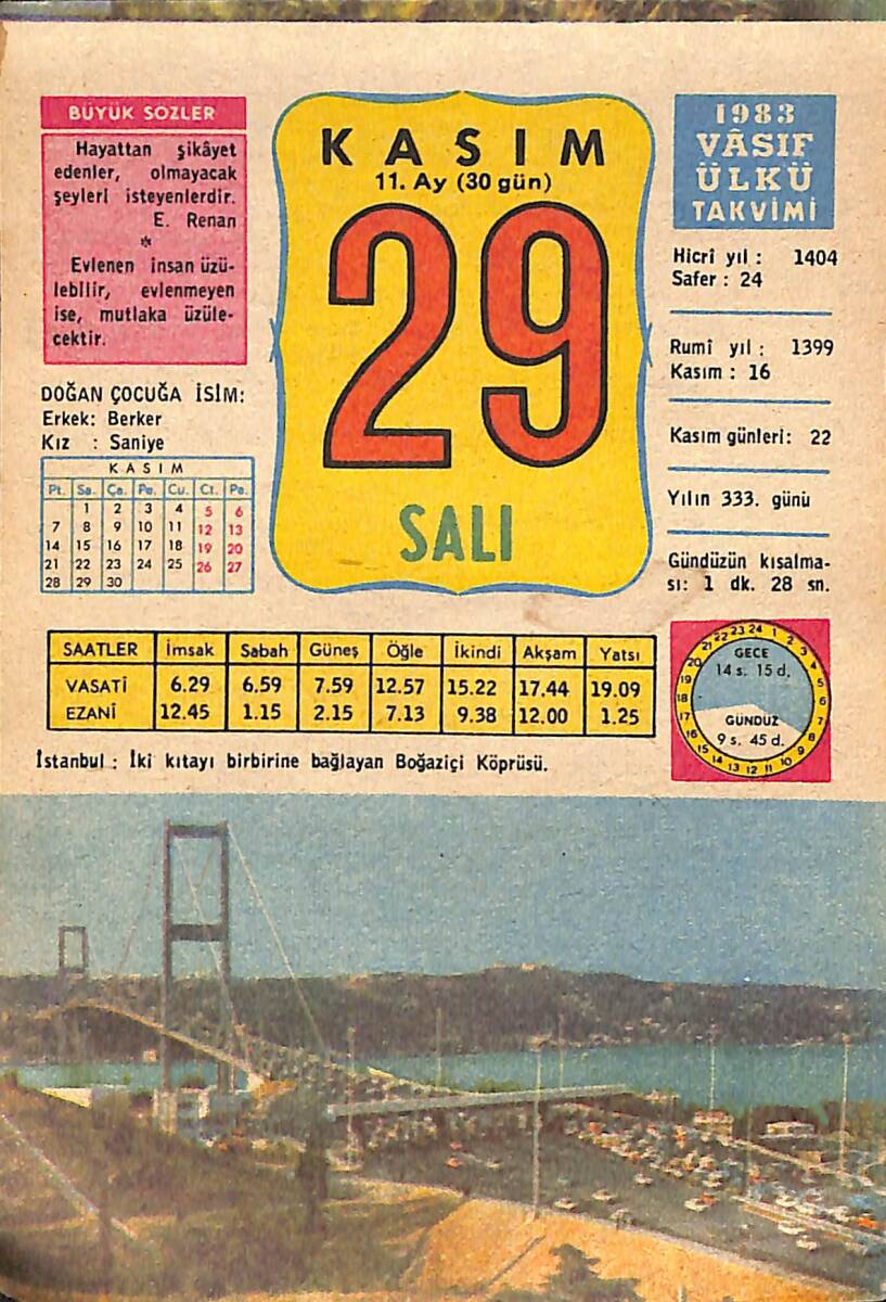 29 Kasım 1983 Takvim Yaprağı - Doğum Günü Hediyesi EFMN15932 - 1