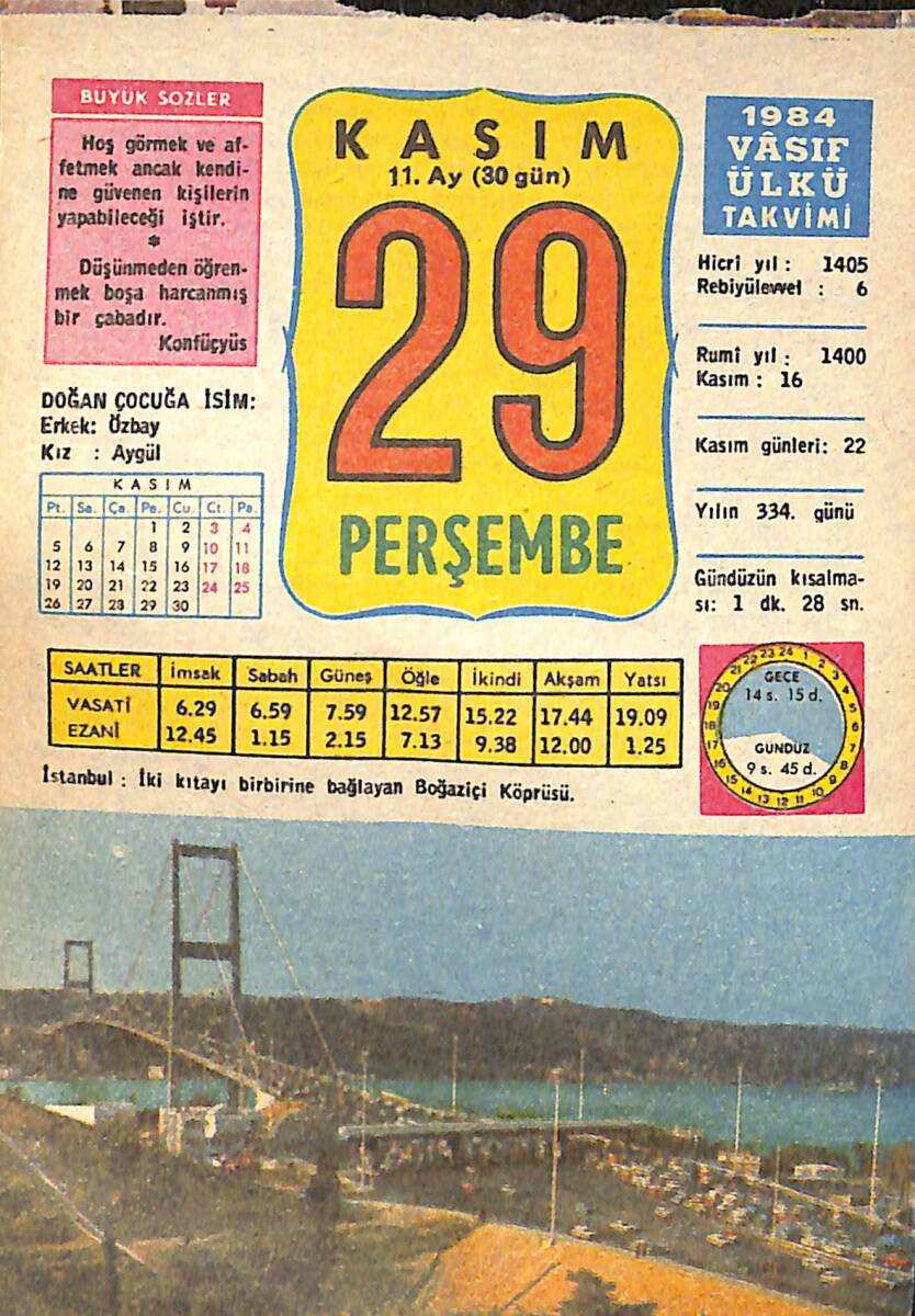 29 Kasım 1984 Takvim Yaprağı - Doğum Günü Hediyesi EFMN14782 - 1