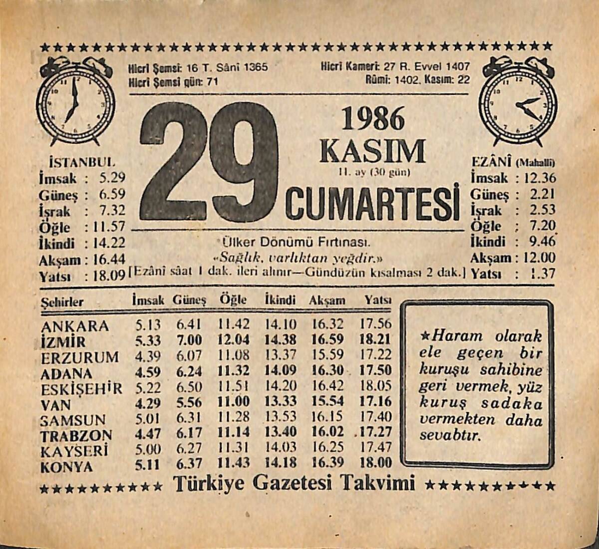 29 Kasım 1986 Takvim Yaprağı - Doğum Günü Hediyesi EFMN14874 - 1
