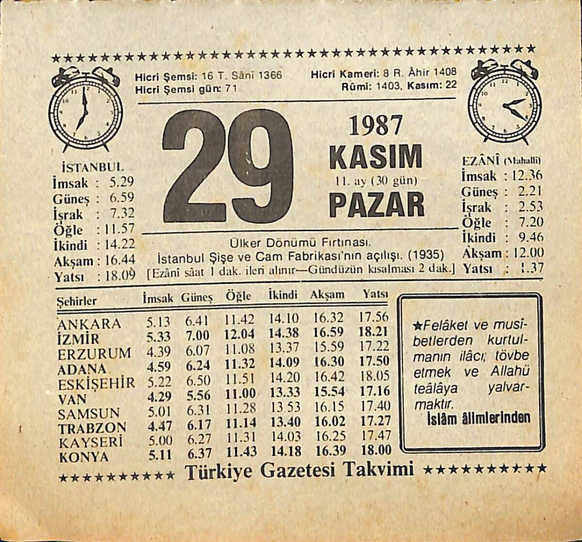 29 Kasım 1987 Takvim Yaprağı - Doğum Günü Hediyesi EFMN15012 - 1