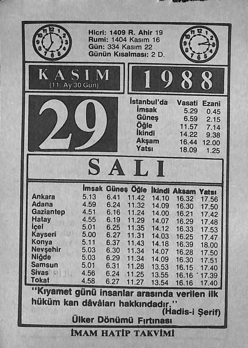29 Kasım 1988 Takvim Yaprağı - Doğum Günü Hediyesi EFMN14601 - 1
