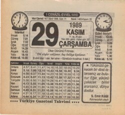 29 Kasım 1989 Takvim Yaprağı EFM(N)3489 - Gökçekoleksiyon