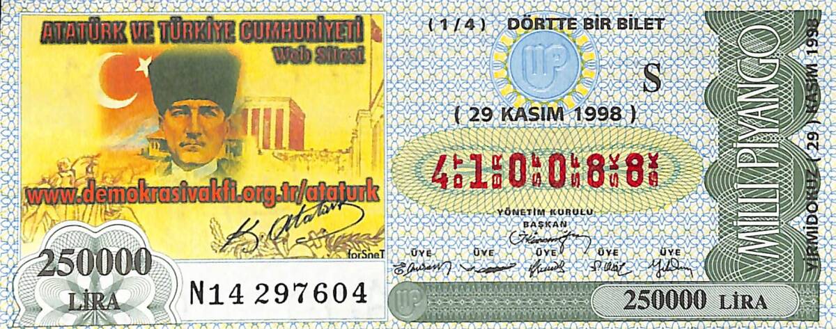 29 Kasım 1998 Piyango Bileti Dörtte Bir Bilet PYB6671 - 1