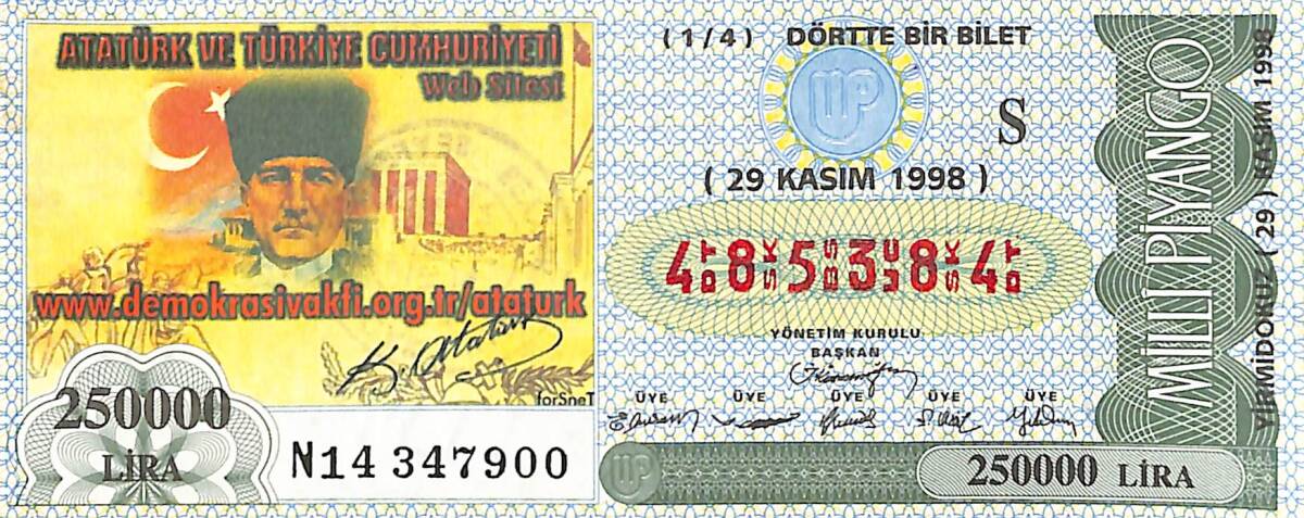 29 Kasım 1998 Piyango Bileti Dörtte Bir Bilet PYB6789 - 1
