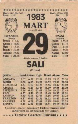 29 Mart 1983 Takvim Yaprağı EFM(N)5846 - 1