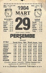 29 Mart 1984 Takvim Yaprağı - Doğum Günü Hediyesi EFM(N)11318 - Gökçekoleksiyon