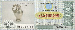 29 Mart 1994 Piyango Bileti Dörtte Bir Bilet PYB6725 - Gökçekoleksiyon