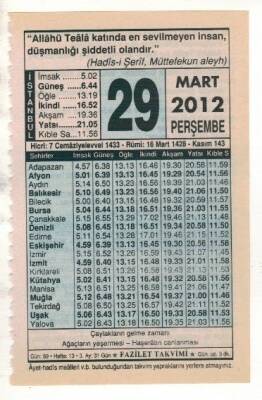 29 Mart 2012 Takvim Yaprağı EFM(N)1899 - 2