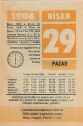 29 Nisan 1984 Takvim Yaprağı EFM(N)6208 - Gökçekoleksiyon