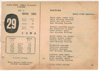 29 Ocak 1960 Ajans Türk Takvim Yaprağı(Şiirli Saatli) EFM(N)1481 - 3