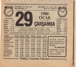 29 Ocak 1986 Takvim Yaprağı EFM(N)5047 - Gökçekoleksiyon