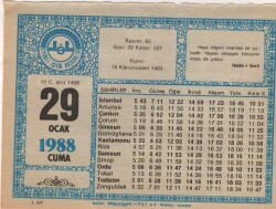 29 Ocak 1988 Takvim Yaprağı EFM(N)4923 - Gökçekoleksiyon