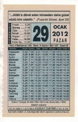 29 Ocak 2012 Takvim Yaprağı EFM(N)1839 - 1
