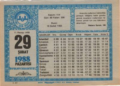 29 Şubat 1988 Takvim Yaprağı EFM(N)5519 - 1