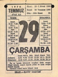 29 Temmuz 1970 Takvim Yaprağı - Doğum Günü Hediyesi EFM(N)12502 - Gökçekoleksiyon