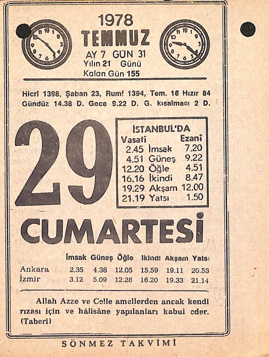 29 Temmuz 1978 Takvim Yaprağı - Doğum Günü Hediyesi EFMN15424 - 1