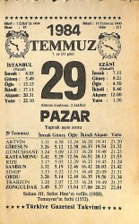 29 Temmuz 1984 Takvim Yaprağı - Doğum Günü Hediyesi EFMN15783 - Gökçekoleksiyon