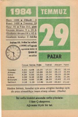 29 Temmuz 1984 Takvim Yaprağı EFM(N)2176 - 3