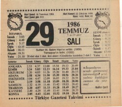 29 Temmuz 1986 Takvim Yaprağı EFM(N)2178 - 2