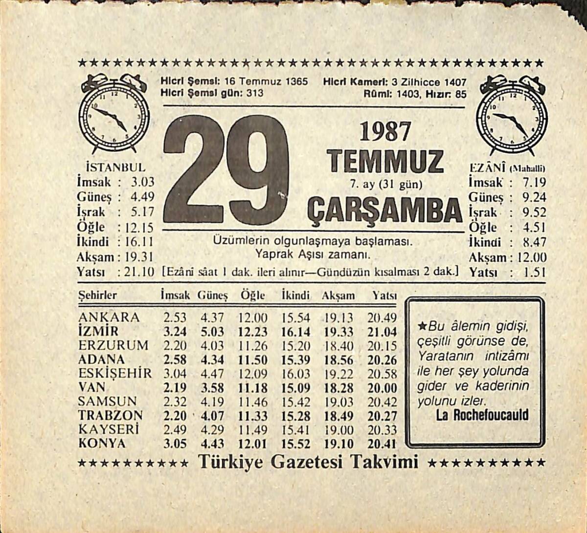 29 Temmuz 1987 Takvim Yaprağı - Doğum Günü Hediyesi EFMN13841 - 1