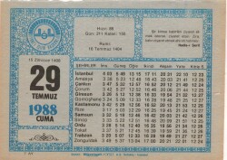 29 Temmuz 1988 Takvim Yaprağı EFM(N)2179 - 2