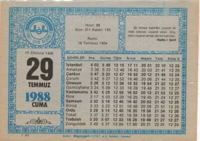 29 Temmuz 1988 Takvim Yaprağı EFM(N)2179 - 2