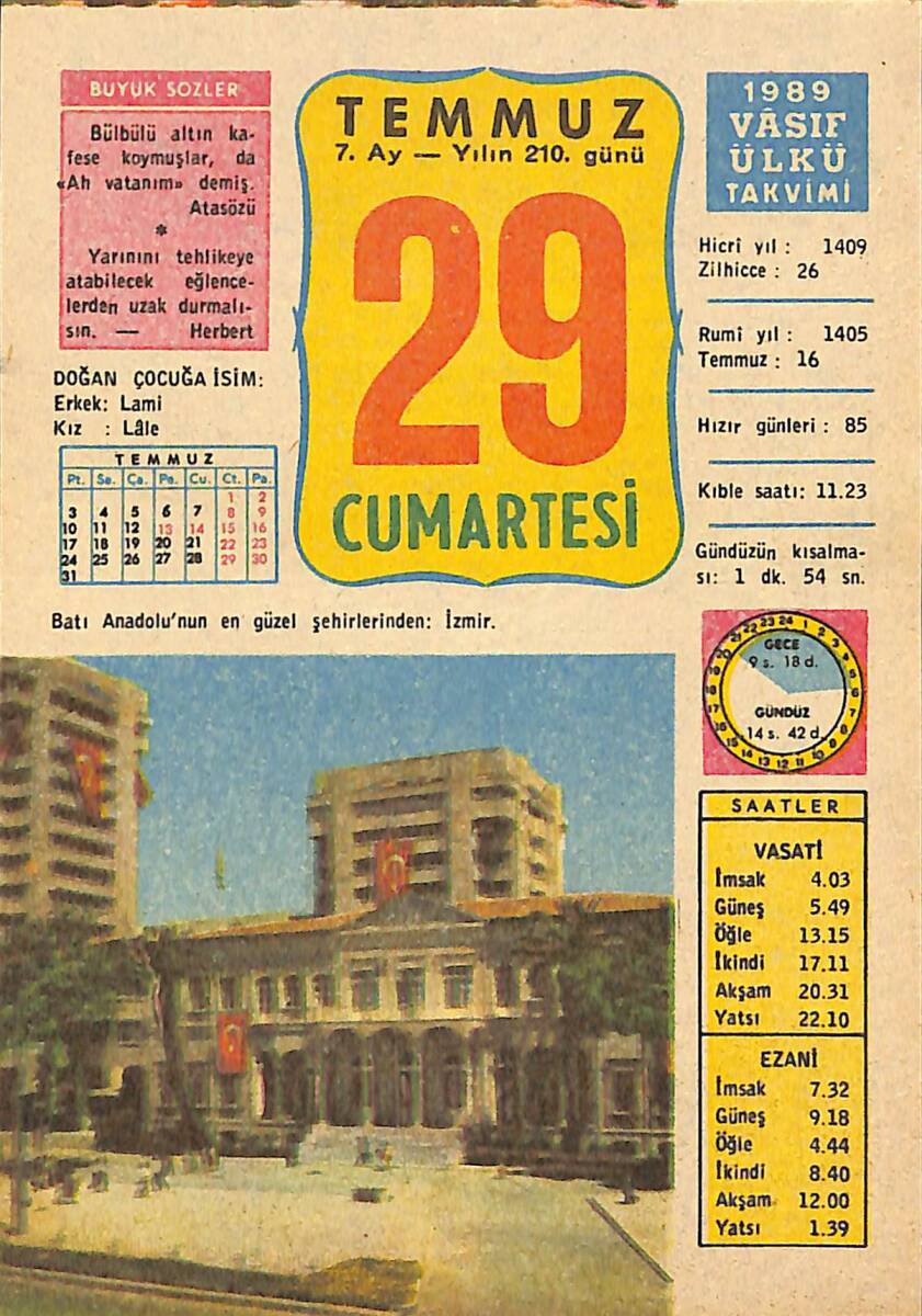 29 Temmuz 1989 Takvim Yaprağı - Doğum Günü Hediyesi EFMN13877 - 1