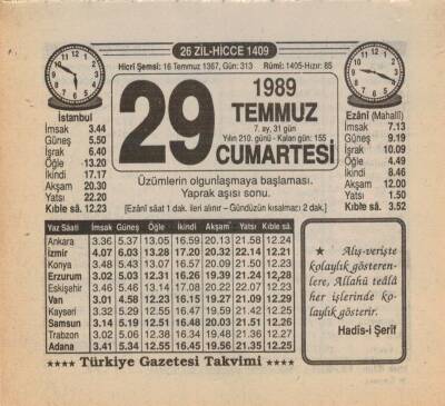 29 Temmuz 1989 Takvim Yaprağı EFM(N)2180 - 2