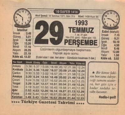 29 Temmuz 1993 Takvim Yaprağı EFM(N)2182 - 2