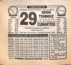 29 Temmuz 2000 Takvim Yaprağı - Doğum Günü Hediyesi EFMN15528 - Gökçekoleksiyon