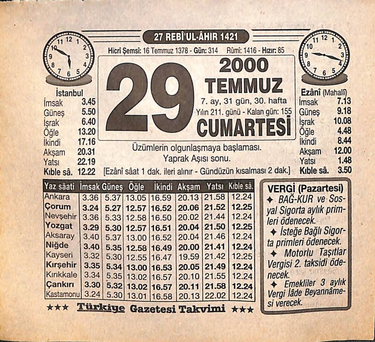 29 Temmuz 2000 Takvim Yaprağı - Doğum Günü Hediyesi EFMN15528 - 1